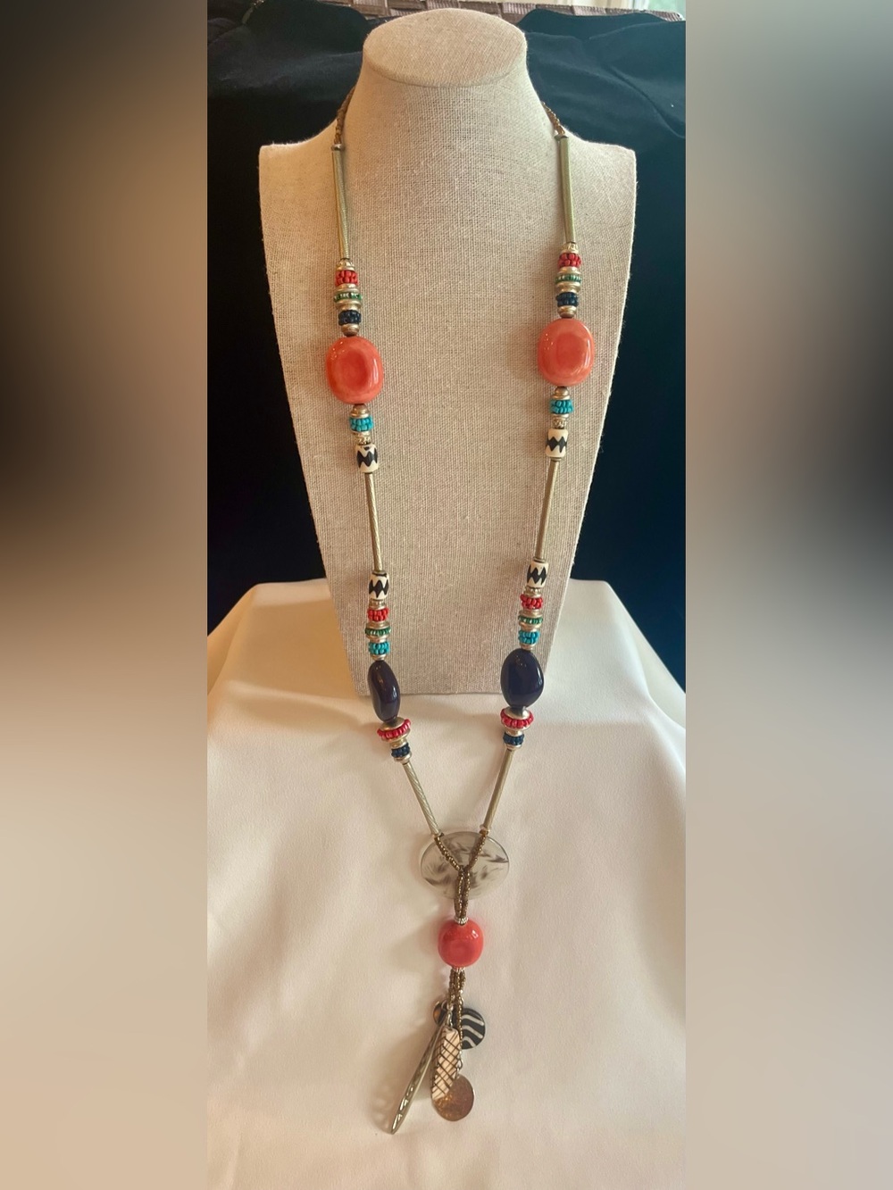 Whimsical Black & Coral Beaded Opera Length Necklace - Women Jewelry